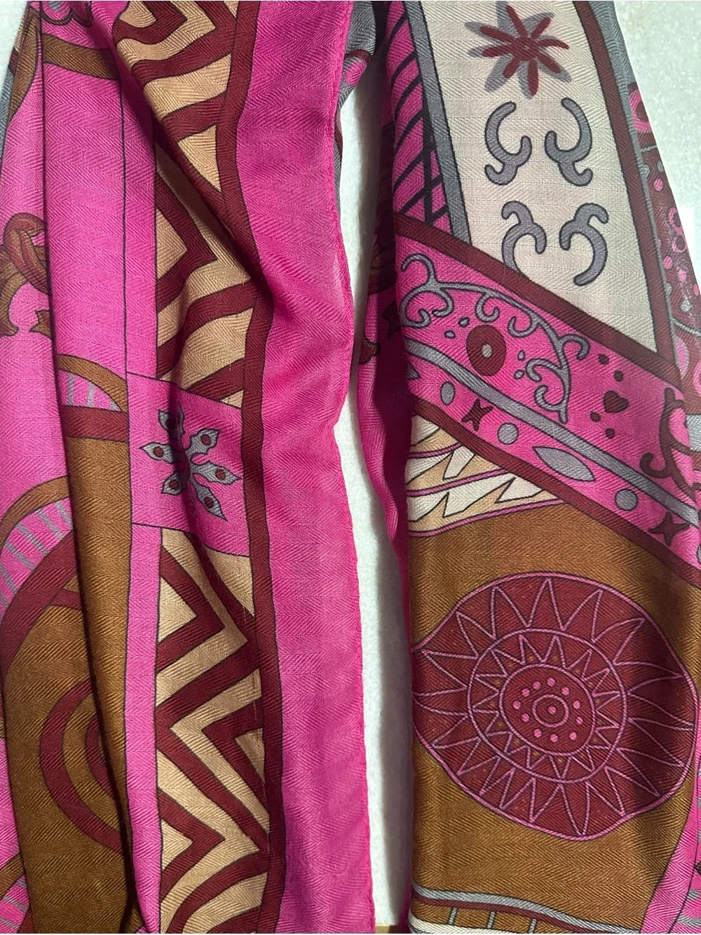 Geometric Boho Scarf Wrap Shawl with Fringe Brown Cream Pink Blue 72” x 36”
